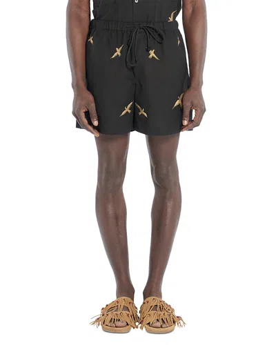 Baziszt Bird-embroidered Drawstring Shorts In Black
