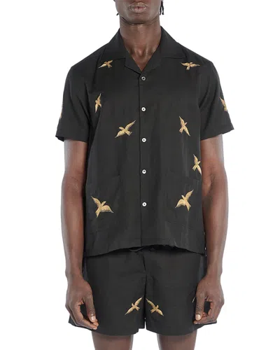 Baziszt Columbus Embroidered Button Front Camp Shirt In Black