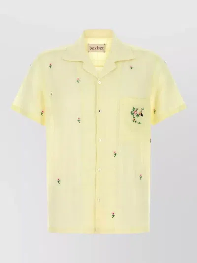 Baziszt Cotton Shirt Short Sleeves Camp Collar Embroidery In Yellow