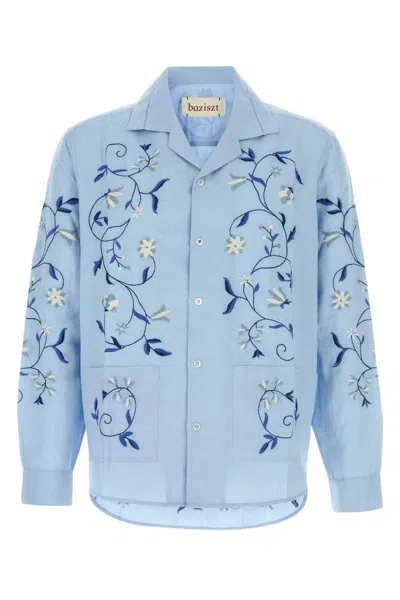 Baziszt Embroidered Cotton Blend Lotus Shirt For Men In Blue