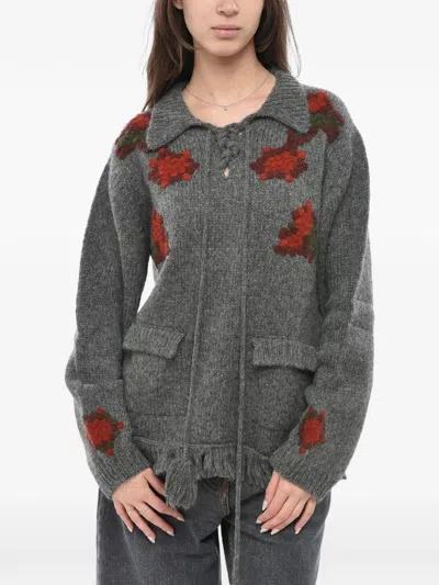 Baziszt Embroidered Fringed-hem Sweater In Gray