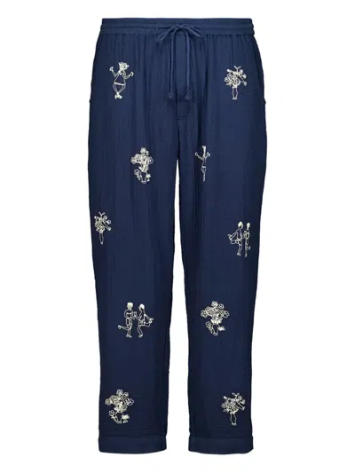 Baziszt Embroidered-sketches Trousers In Blue