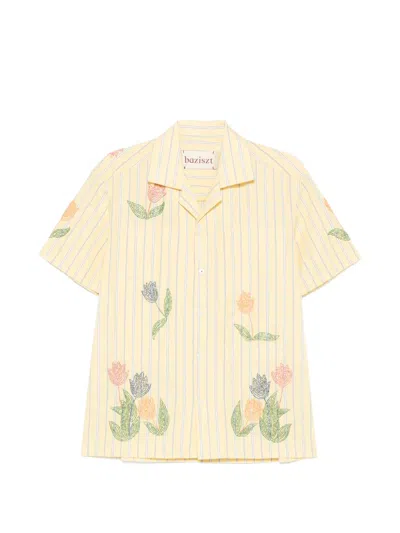 Baziszt Floral-embroidered Striped-pattern Shirt In Yellow