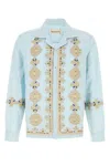 Baziszt Light-blue Cotton Blend Roses Shirt In Blue