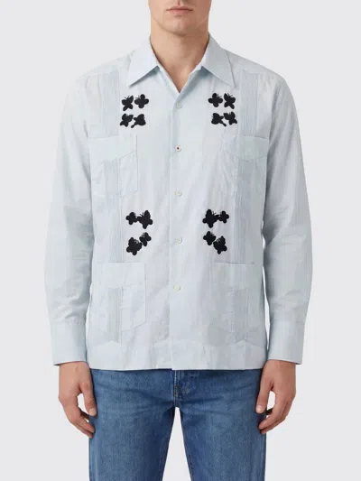 Baziszt Long-sleeve Cotton Shirt With Butterfly Embroidery In Blue