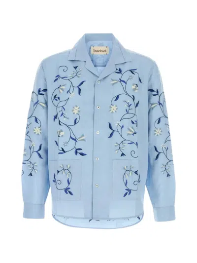 Baziszt Embroidered Cotton Blend Lotus Shirt For Men In Blue
