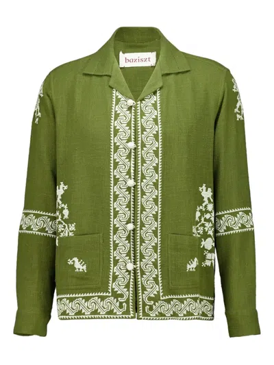 Baziszt Men's Embroidered Cotton Camp-collar Shirt With Button Front & Patch Pockets In Verde