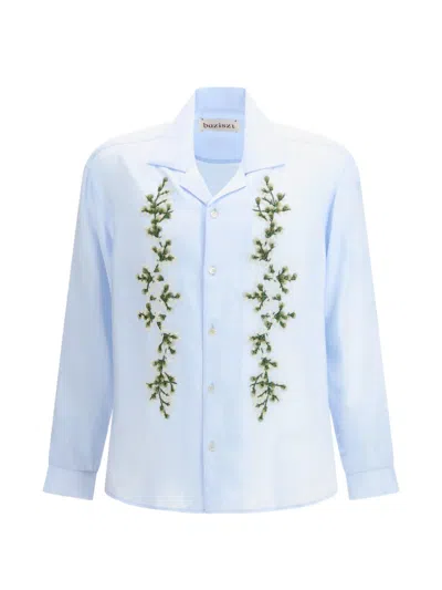 Baziszt Men's Floral Embroidered Camp Collar Cotton Shirt In Azzurro