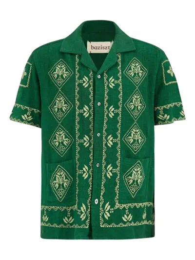 Baziszt Mexican Button-down Embroidered Shirt In Green