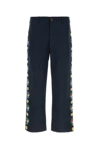 Baziszt Cotton Pine Trousers Floral Side Embroidery In Blue