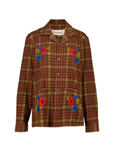 Baziszt Pilot Check Floral-embroidered Shirt In Red
