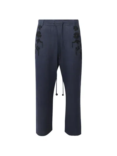 Baziszt Sesame Floral-embroidered Straight-leg Trousers In Blue