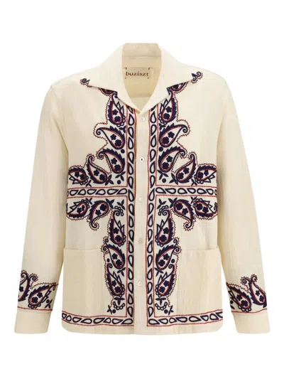 Baziszt Silk Long Sleeve Button-up Shirt With Cuban Collar In Beige