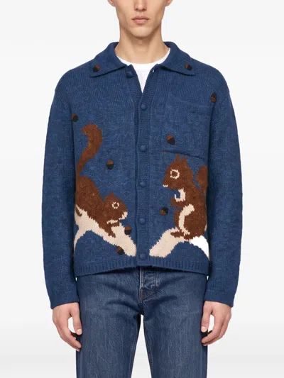 Baziszt Squirrel-intarsia Button-up Cardigan In Blue