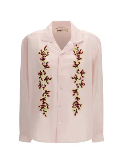 Baziszt Tinees Floral-embroidered Camp-collar Cotton Shirt In Pink