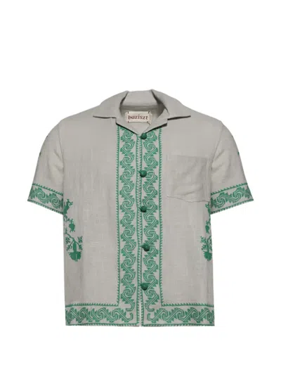 Baziszt Tulum Embroidered Short-sleeve Shirt In Gray