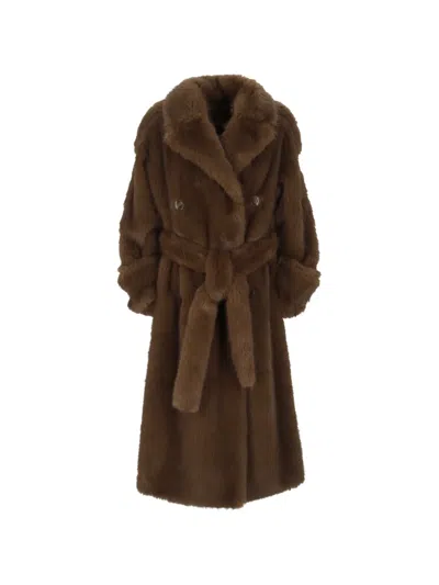 Bb Couture Belted Double-breasted Faux-fur Coat In Brown