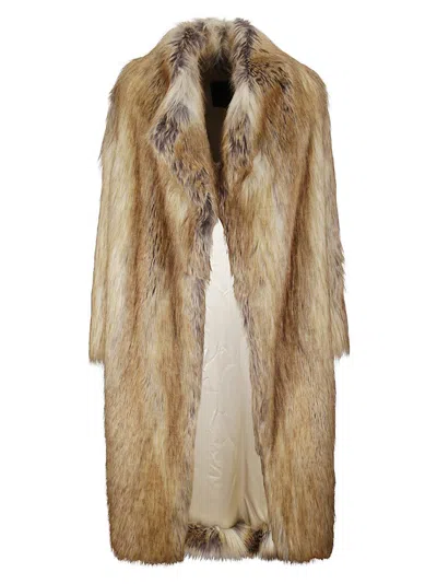 Bb Couture Brown Faux Fur Coat With Notched Lapels And Open-front Design
