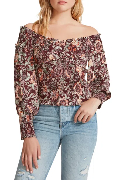 Bb Dakota Women's  By Steve Madden Helena Top Brown Floral Smocked Jdm1082 In Blue