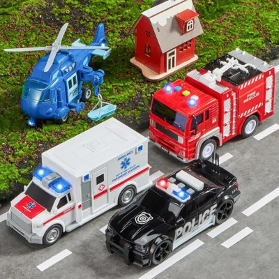 Bbtee 4 Packs Emergency Vehicle Toy Playsets, Friction Powered Vehicles With Light And Sound, Including Fi