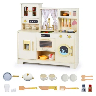 Bbtee Beige Wooden Kids Play Kitchen With Rotatable Faucet & 14 Accessories,pretend Cooking Set For Toddle