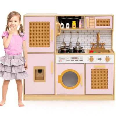 Bbtee Kids Wooden Kitchen Playset 3+ With Fridge Sink Washing Machine With Realistic Light Sound Rattan Do