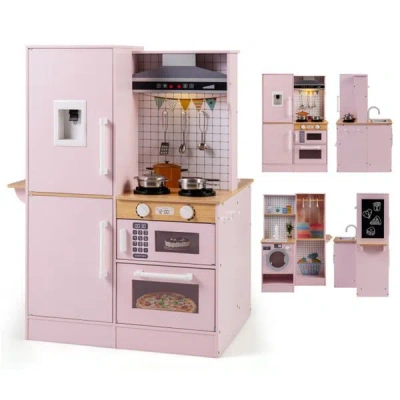 Bbtee Pink Dual-sided Kids Play Kitchen With Water Dispenser And Range Hood For 3+ Years Old