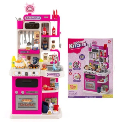 Bbtee Pink Kids Corner Play Kitchen With Realistic Sounds, Lights & Steam, 95pcs Accessories Pretend Cooki In Multi
