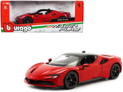 Bburago Ferrari Sf90 Stradale Red With Black Top "race + Play" Series 1/18 Diecast Model Car By