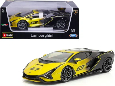 Bburago Lamborghini Sian Fkp 37 #63 Yellow Metallic And Black 1/18 Diecast Model Car By