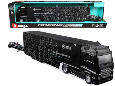 Bburago Mercedes-benz Actros Gigaspace Car Transporter Black With Mercedes-amg F1 W15 #63 Russell 2024 1/43  In Multi