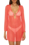 Bca By Rebecca Virtue Metallic Long Sleeve Sheer Cover-up Dress In Red