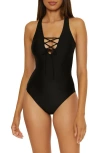 Bca Lace-up Plunge One-piece Swimsuit In Black