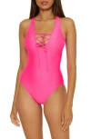 Bca Lace-up Plunge One-piece Swimsuit In Pink