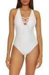 Bca Lace-up Plunge One-piece Swimsuit In White