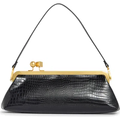 Bcbg Croc Embossed Faux Leather East West Frame Shoulder Bag In Black Croco