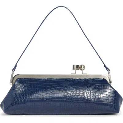 Bcbg Croc Embossed Faux Leather East West Frame Shoulder Bag In Deep Navy