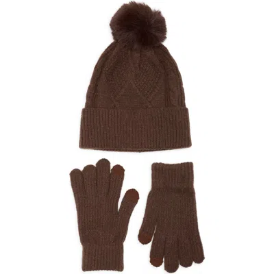 Bcbg Diamond Stitch Beanie And Gloves Set In Brown