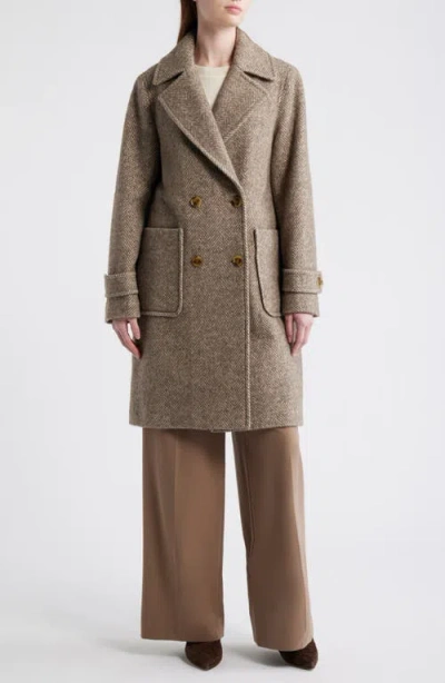 Bcbg Double Breasted Wool Blend Herringbone Coat In Brown