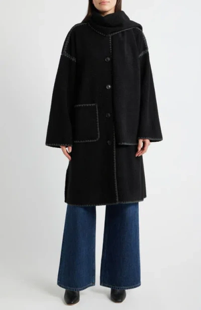 Bcbg Embroidered Bouclé Coat With Scarf In Black
