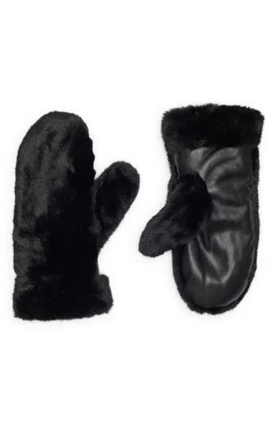 Bcbg Faux Fur & Faux Leather Mittens In Black