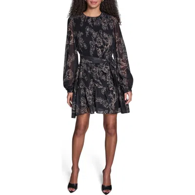 Bcbg Floral Pleated Chiffon Long Sleeve Dress In Black