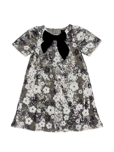 Bcbg Kids' Floral Sequin Bow Dress In Silver