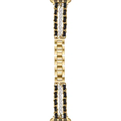 Bcbg Imitation Pearl And Leather Chain Watchband In Gold