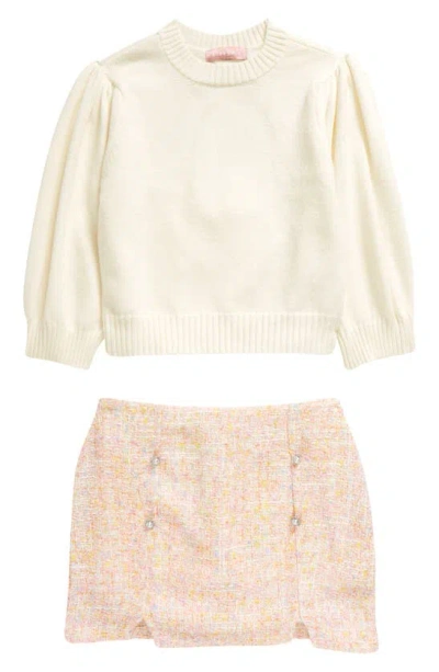 Bcbg Kids' Crewneck Sweater & Imitation Pearl Tweed Skirt Set In Ivory Multi