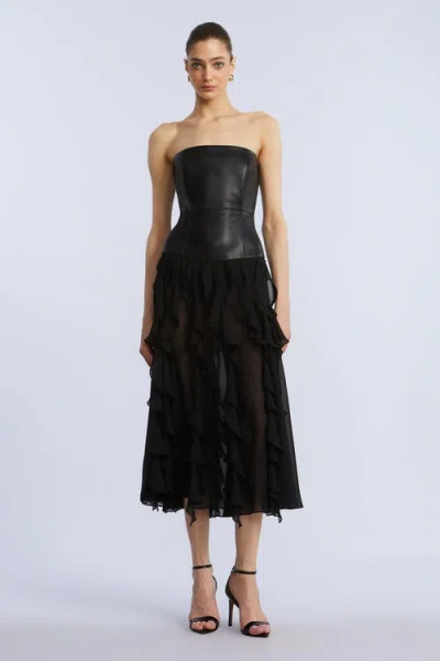 Bcbg Leather Chiffon Dress In Black