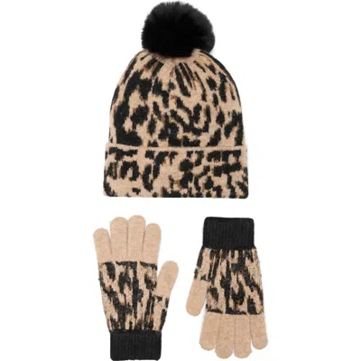 Bcbg Leopard Beanie & Gloves Set In Black