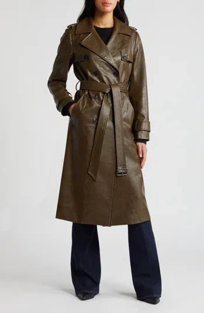 Bcbg Max Azria Belted Double Breasted Faux Leather Trench Coat In Army Green