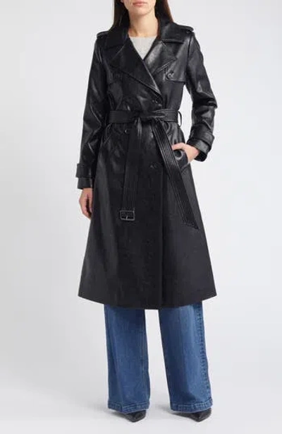Bcbg Max Azria Belted Double Breasted Faux Leather Trench Coat In Black
