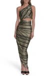 Bcbg Metallic Stripe One-shoulder Cutout Body-con Dress In Green